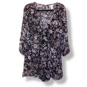 Band Of Gypsies Sheer Floral Romper Tie Wrap Ruffled Womens Size Large Black